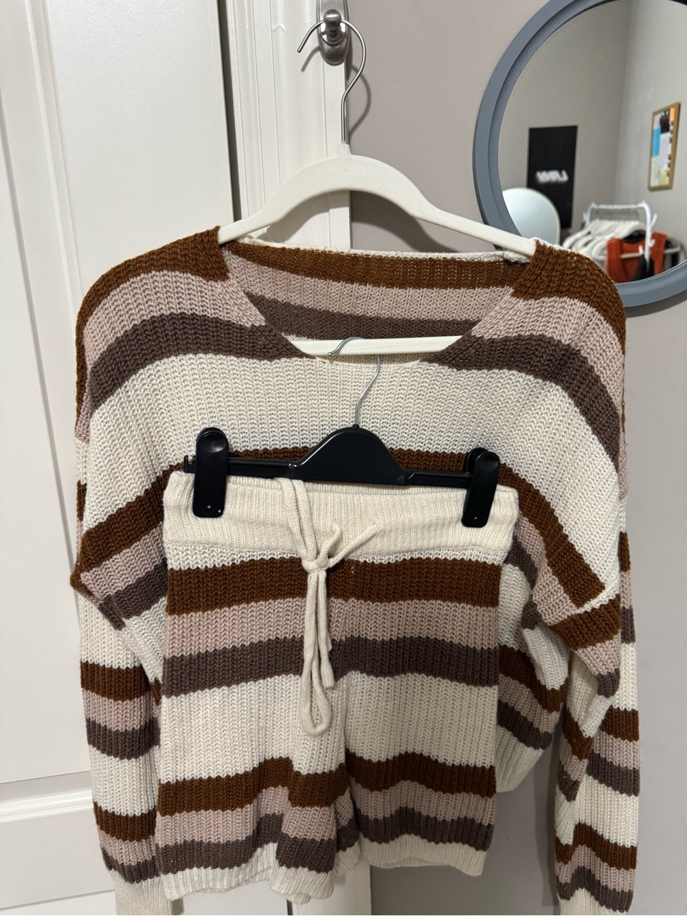 Striped Knit Sweater & Shorts Set - Cream, Brown, Taupe